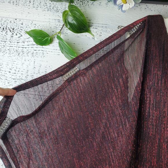 Onyx Nite Red Shimmer Kimono Cold Shoulder Rhinestone Sleeve Top Size Large NWT - Picture 3 of 9